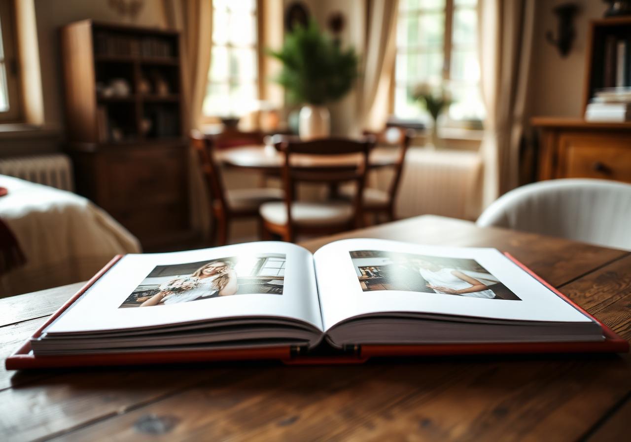 A printed wedding photo album open on a table