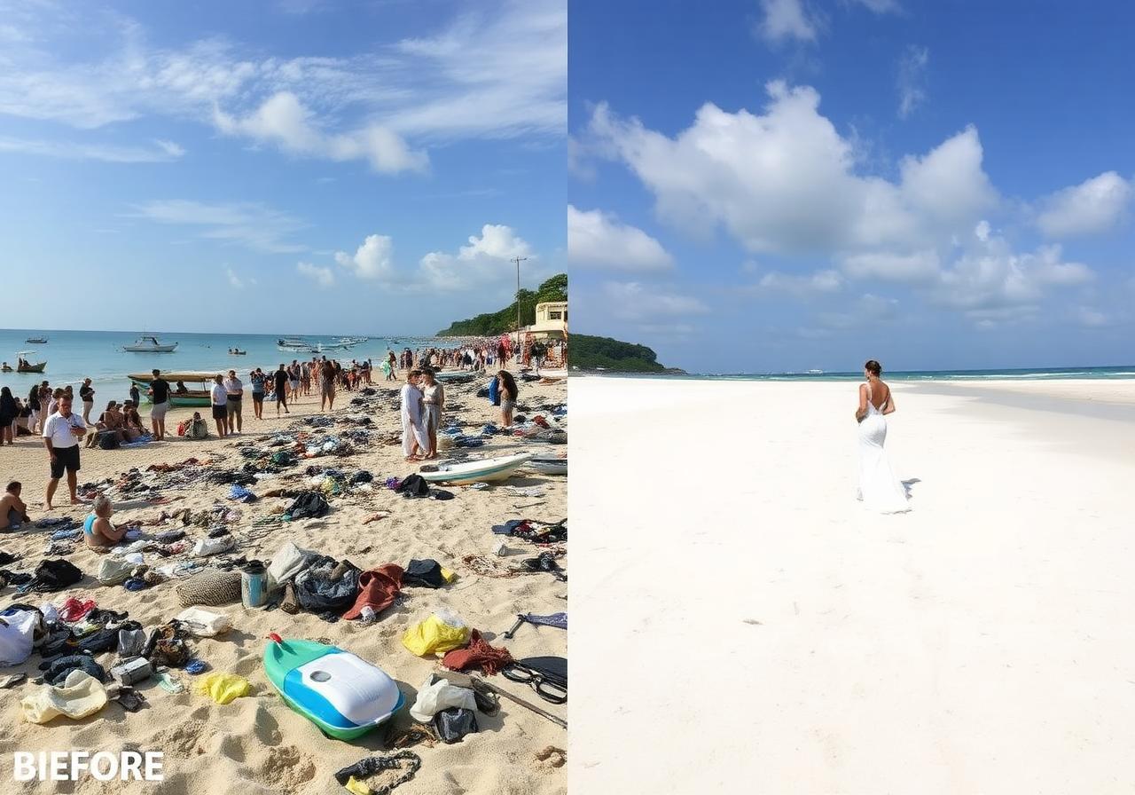Beach photo before and after, with strangers and litter removed
